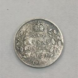 British India 2 Annas 1904 Edward VII Rare Silver Coin #AA-52