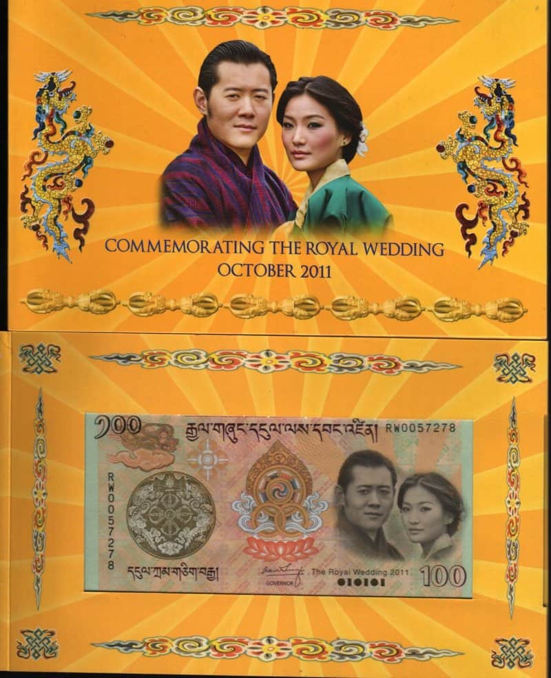 2011 Bhutan Royal Wedding Commemorative 100 Ngultrum With Folder “Commemorative issue – Royal Wedding October 2011” ~ Uncirculated