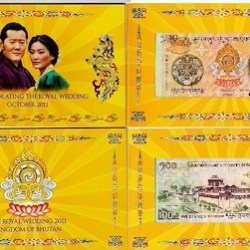 2011 Bhutan Royal Wedding Commemorative 100 Ngultrum With Folder “Commemorative issue – Royal Wedding October 2011” ~ UNCIRCULATED