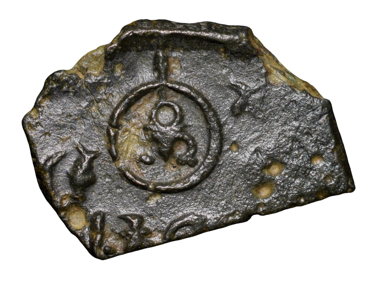 Copper Coin of Dharmabhadra of Bhadra/Mitra Dynasty(2nd Cen.BC) River with Fish, Nandipad within Circle & Legends