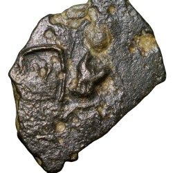 Alternative view of Copper Coin of Dharmabhadra of Bhadra/Mitra Dynasty(2nd Cen.BC) River with Fish, Nandipad within Circle & Legends