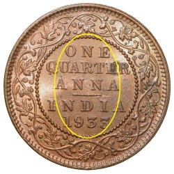 Alternative view of Bronze 1/4 Anna of George V (AD 1933) of Calcutta Mint Die-Clash Error in UNC Grade Rare