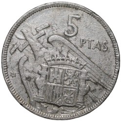 Alternative view of Old Nickel 5 Pesetas of Spain Country (AD 1957) Francisco Franco Scarce