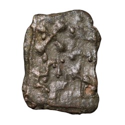 Alternative view of Copper Coin of City-State 'Kausambhi' (200 BC) with Lanki Bull walking Left/Tree Railing, Ujjaini & Hollow Cross
