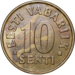 Alternative view of Brass 10 Senti of Estonia Country (AD 1998) with 3-Lions