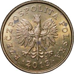 Brass 1 Grosz of Poland Country (AD2013) with Crowned Eagle/An Oak Leaf