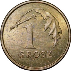 Alternative view of Brass 1 Grosz of Poland Country (AD2013) with Crowned Eagle/An Oak Leaf