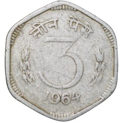 Aluminium 3 Paise of Republic India (AD 1964) of Calcutta Mint