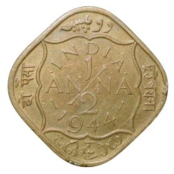 Alternative view of Nickel-Brass 2 Annas of George VI(AD 1944) of Bombay Mint Head II