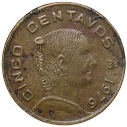Brass 5 Centavos of Mexico (AD 1976) with Portrait of Josefa Ortiz de Domínguez