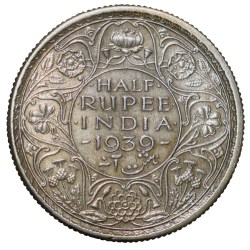 Alternative view of Silver 1/2 Rupee of George VI (AD 1939) of Calcutta Mint Head Type I Rare
