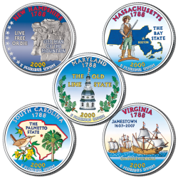 YEAR 2000 STATE QUARTER DOLLARS COLORIZED RARE MORGAN MINT 5Pcs COINS SET WITH WOODEN BOX ; COVER AND CERTIFICATE