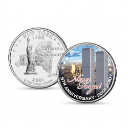 WORLD TRADE CENTER 9th ANNIVERSARY 2010 NEW YORK COLORIZED RARE U.S. MINT COIN SET WITH WOODEN BOX ; COVER AND CERTIFICATE