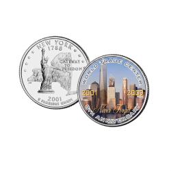 WORLD TRADE CENTER 8th ANNIVERSARY 2009 NEW YORK COLORIZED RARE U.S. MINT COIN SET WITH WOODEN BOX ; COVER AND CERTIFICATE
