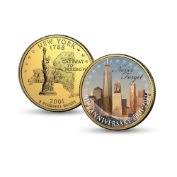 WORLD TRADE CENTER 10th ANNIVERSARY 2011 NEW YORK COLORIZED RARE U.S. MINT COIN SET WITH WOODEN BOX ; COVER AND CERTIFICATE
