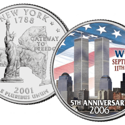 WORLD TRADE CENTER ( 5TH ANNIVERSARY) 2006 NEW YORK COLORIZED RARE U.S. MINT COIN SET WITH WOODEN BOX ; COVER AND CERTIFICATE