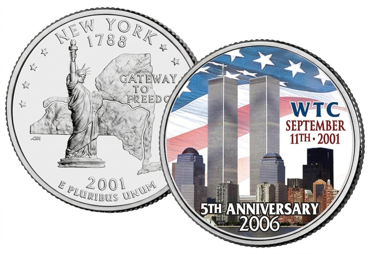 World Trade Center ( 5TH Anniversary) 2006 New YORK Colorized Rare U.S. Mint Coin Set with Wooden BOX ; Cover and Certificate