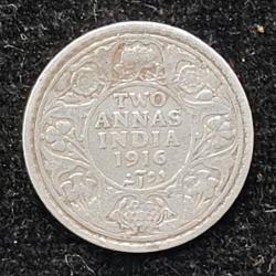 British-India 2 Annas 1916 (George V) Rare Silver Coin#AA-173