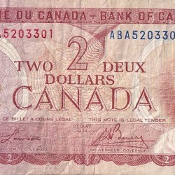 2 Dollars 1974 Canada Very Fine Note #2
