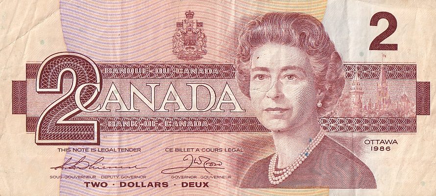 2 Dollars 1986 Canada Very Fine Note #2