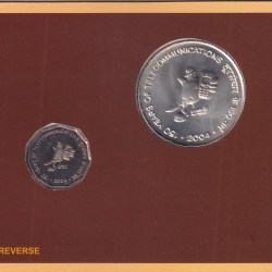 Alternative view of 150 Years of Telecommunications -2004 Rare Kolkata UNC 2 Coin Set