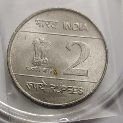 Alternative view of 2 Rs Indian Airforce Platinum Jubilee Steel Coin Kolkata Mint Coin UNC