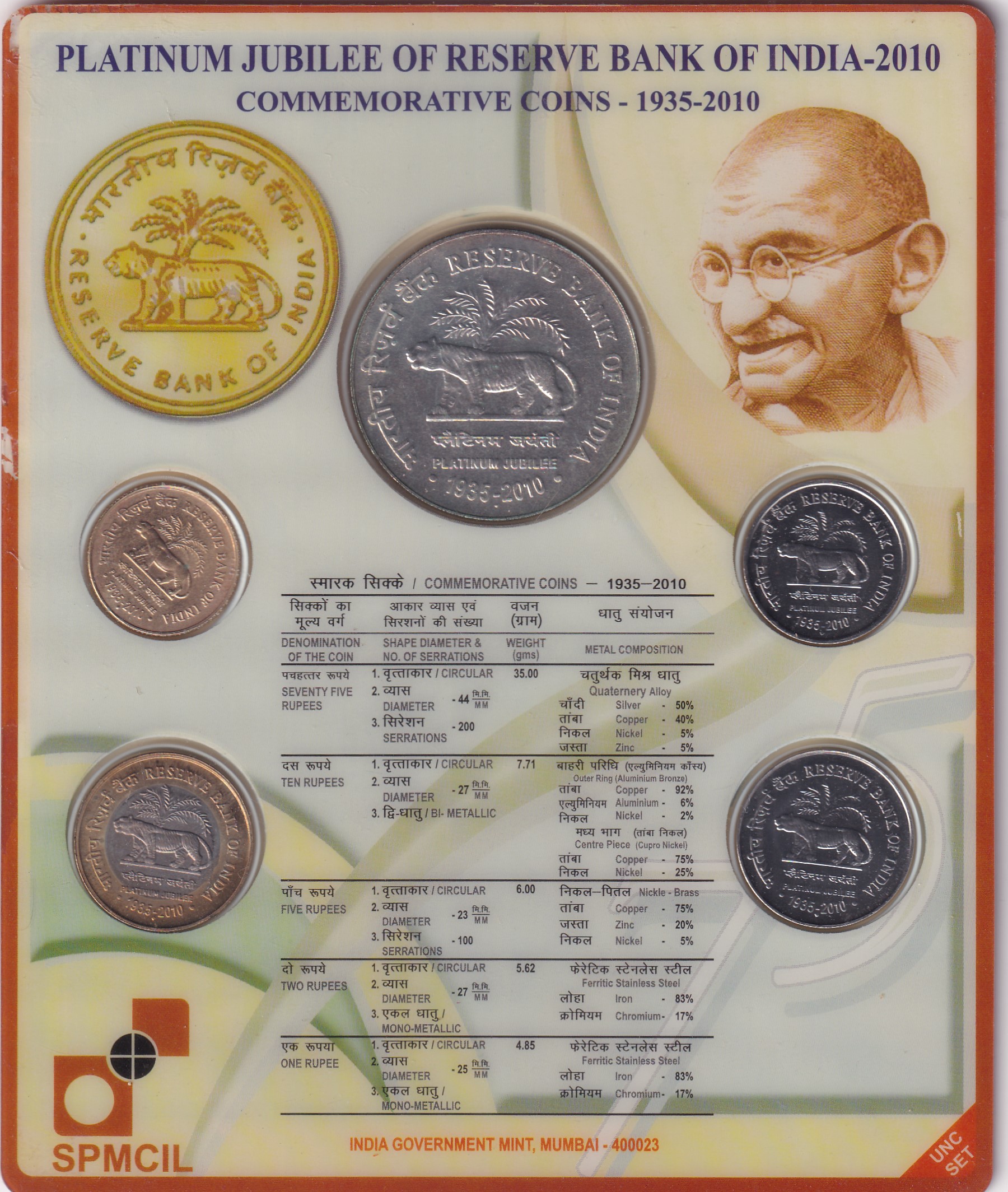 2010 Platinum jubilee of Reserve Bank Of India , Commemorative Coins, Mumbai Mint , (5) Uncirculated Coins Set - Image 2