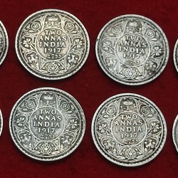 TWO ANNA SILVER COIN GEORGE YEAR 1917 V EIGHT COIN SET