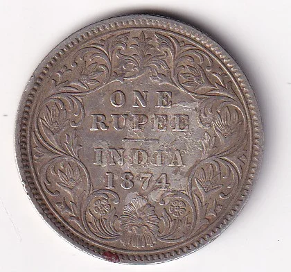 BRITISH-INDIA 1 RUPEES 1874 (VICTORIA) RARE DATE SILVER COIN