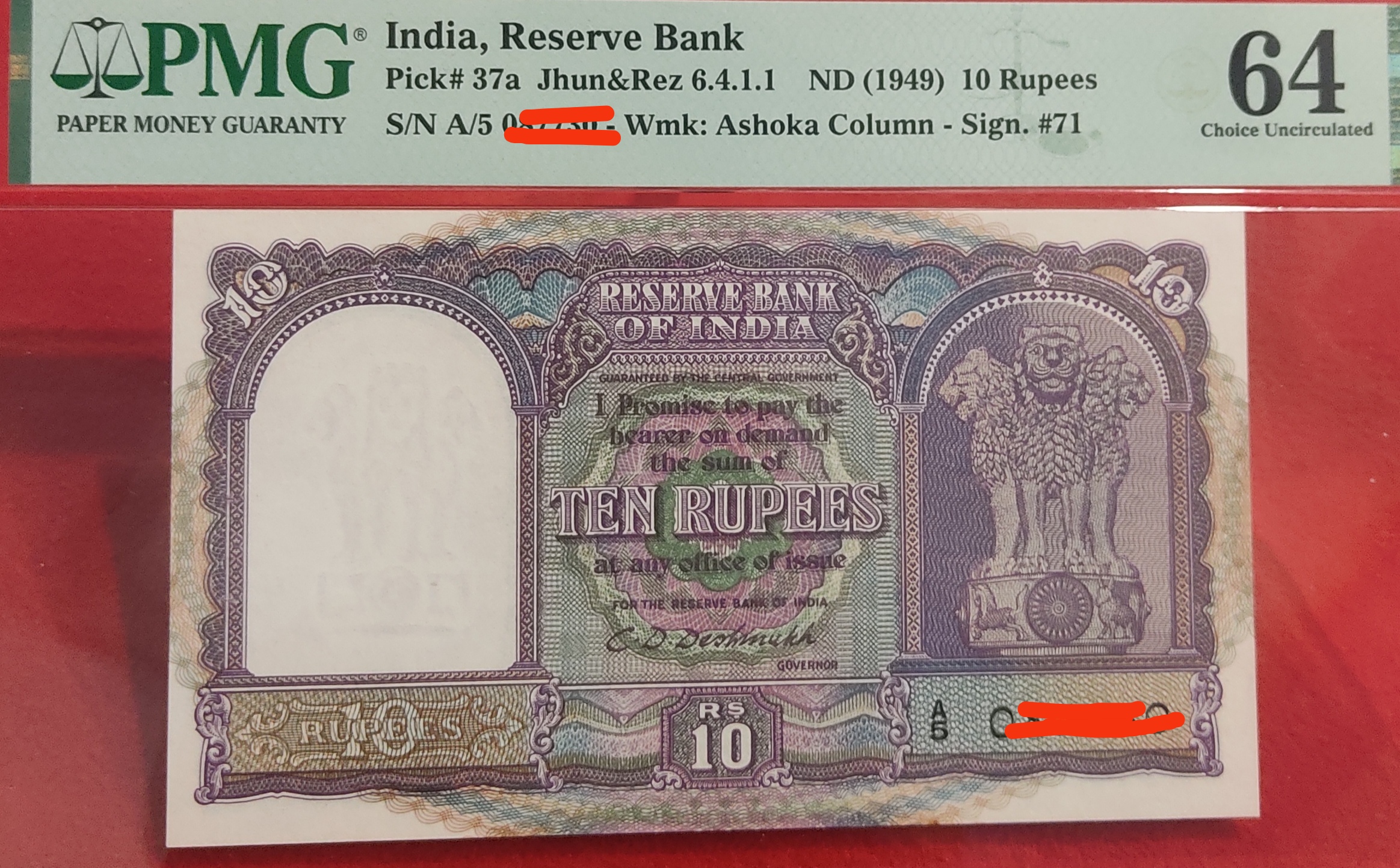 TEN RUPEES FIRST CURRENCY NOTE SIGNED BY C. D. DESHMUKH, GOVERNOR OF REPUBLIC INDIA 1949 PMG GRADED 64 GRAD AMAZING UNC CONDITION