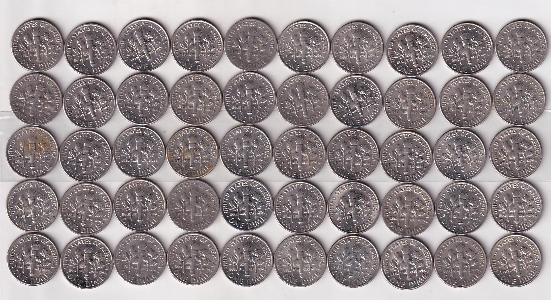 United States 1 Dime ("Roosevelt Dime") mix Dates (50 Pcs Lott) Rare Coin