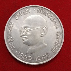 Alternative view of Extremely Rare Ten Rs Big Silver Coin Mahatma Gandhi 1869-1948 Calcutta Mint Republic of India