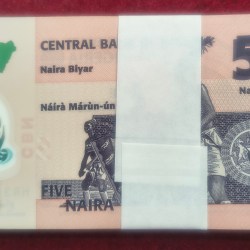 Alternative view of Nigeria 5 Naira UNC Polymer (100 Note) Serial Packet with Fancy Number Ending 786