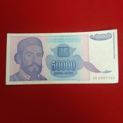 Alternative view of 50,000 Yugoslav dinar banknote issued in 1993 Year