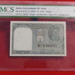 A -2 ONE RUPEE SECOND ISSUE NOTE K. G. AMBEGAONKAR RELEASED YEAR 1950 PMCS GRADED GEM UNC 65 GRADED