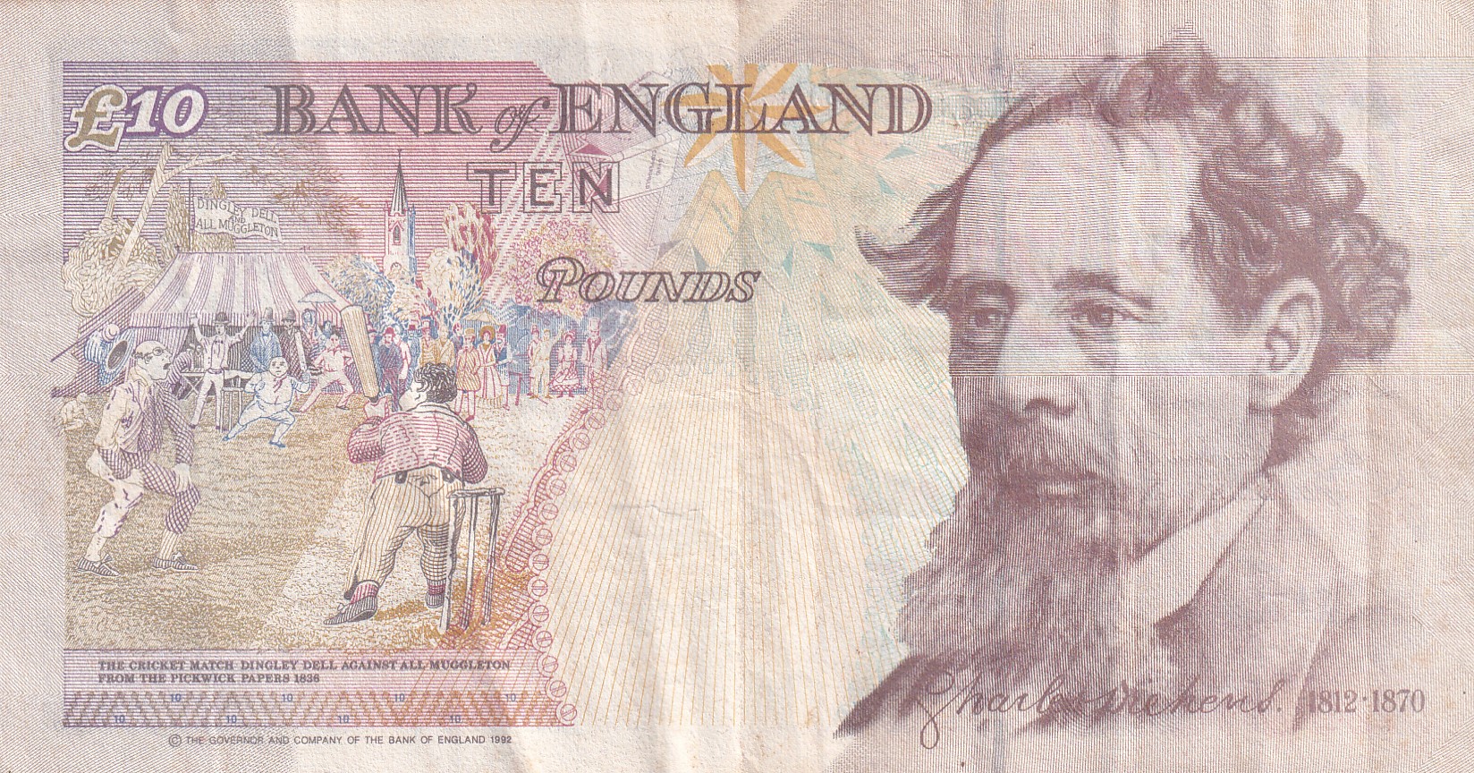 England 10 Pounds - Elizabeth II Charles Dickens Rare Note #B2