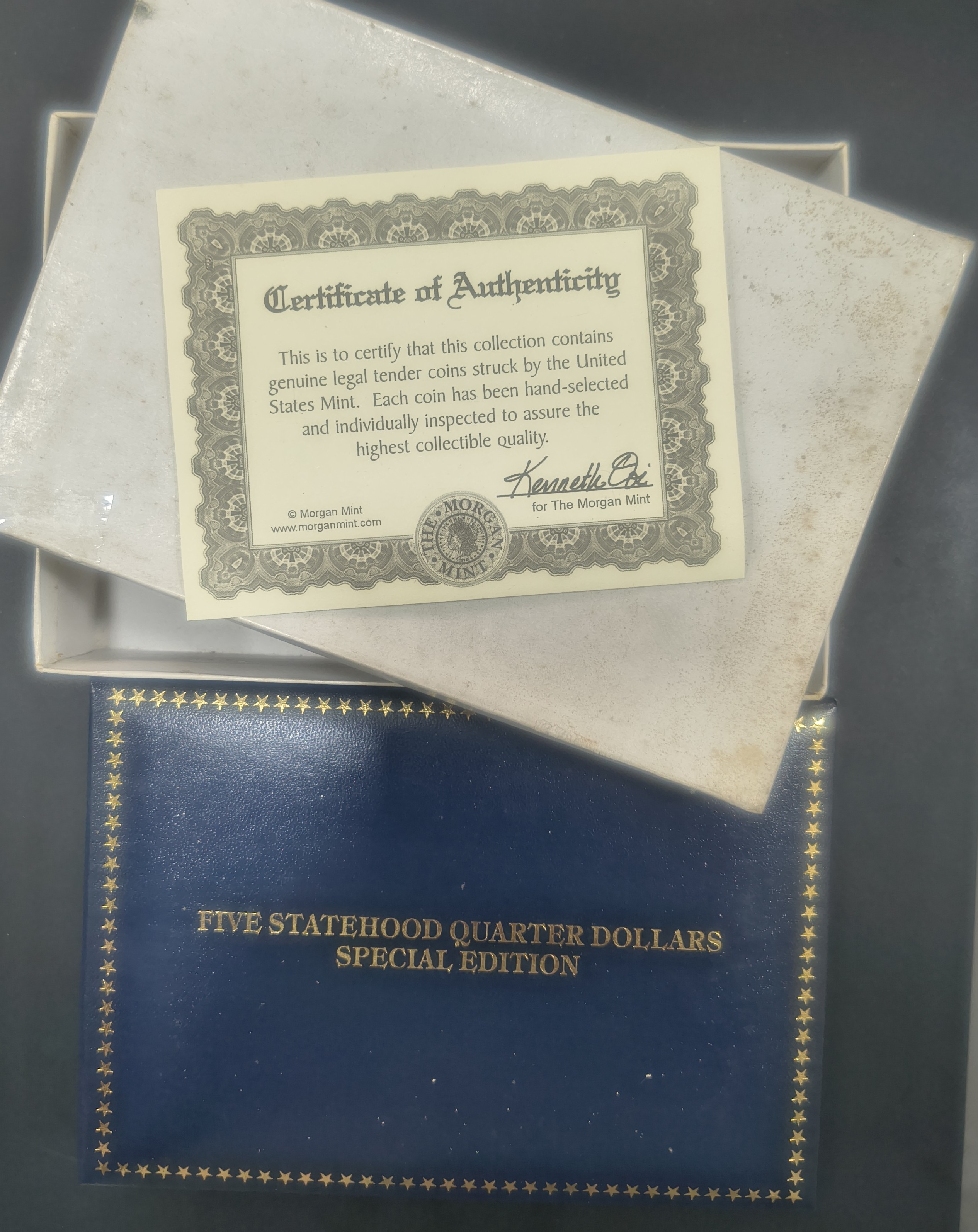 Year 2000 State Quarter Dollars Colorized Rare Morgan Mint 5Pcs Coins Set with Wooden BOX ; Cover and Certificate