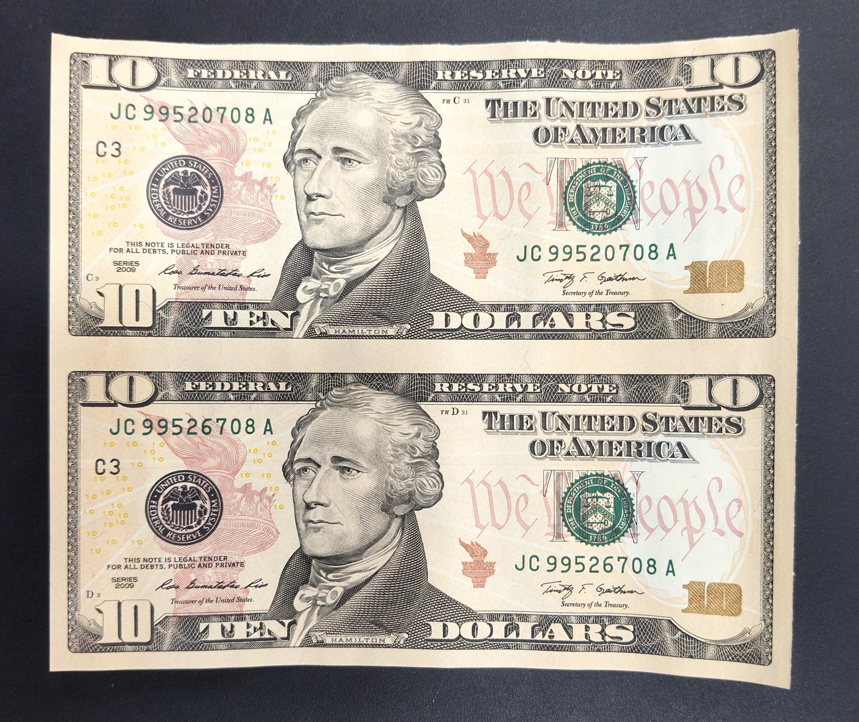 10 Dollar America Two Note Uncut Sheet Rare