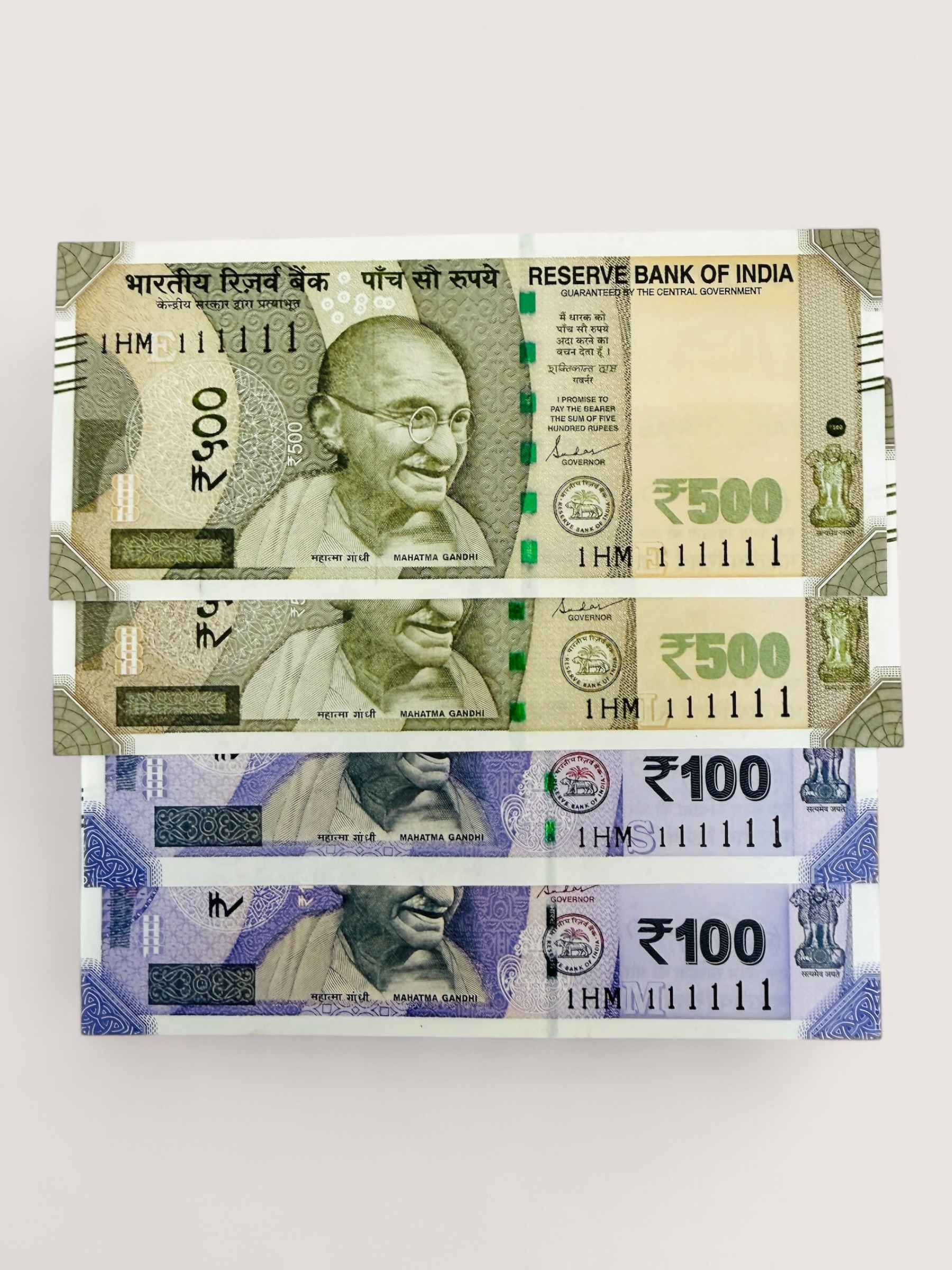 Rs 500 and 100 Ultra Unique Pair Set of Banknotes Same Number 1HM 111111 Gem UNC Unique and Rare