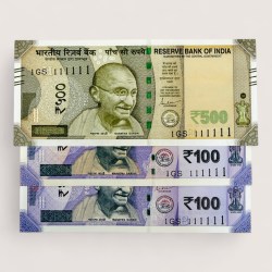 Rs 500 and 100 Ultra Unique Pair Set of Banknotes Same Number 1GS 111111 Gem UNC Unique and Rare