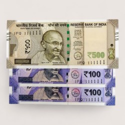Rs 500 and 100 Ultra Unique Pair Set of Banknotes Same Number 1FQ 111111 Gem UNC Unique and Rare