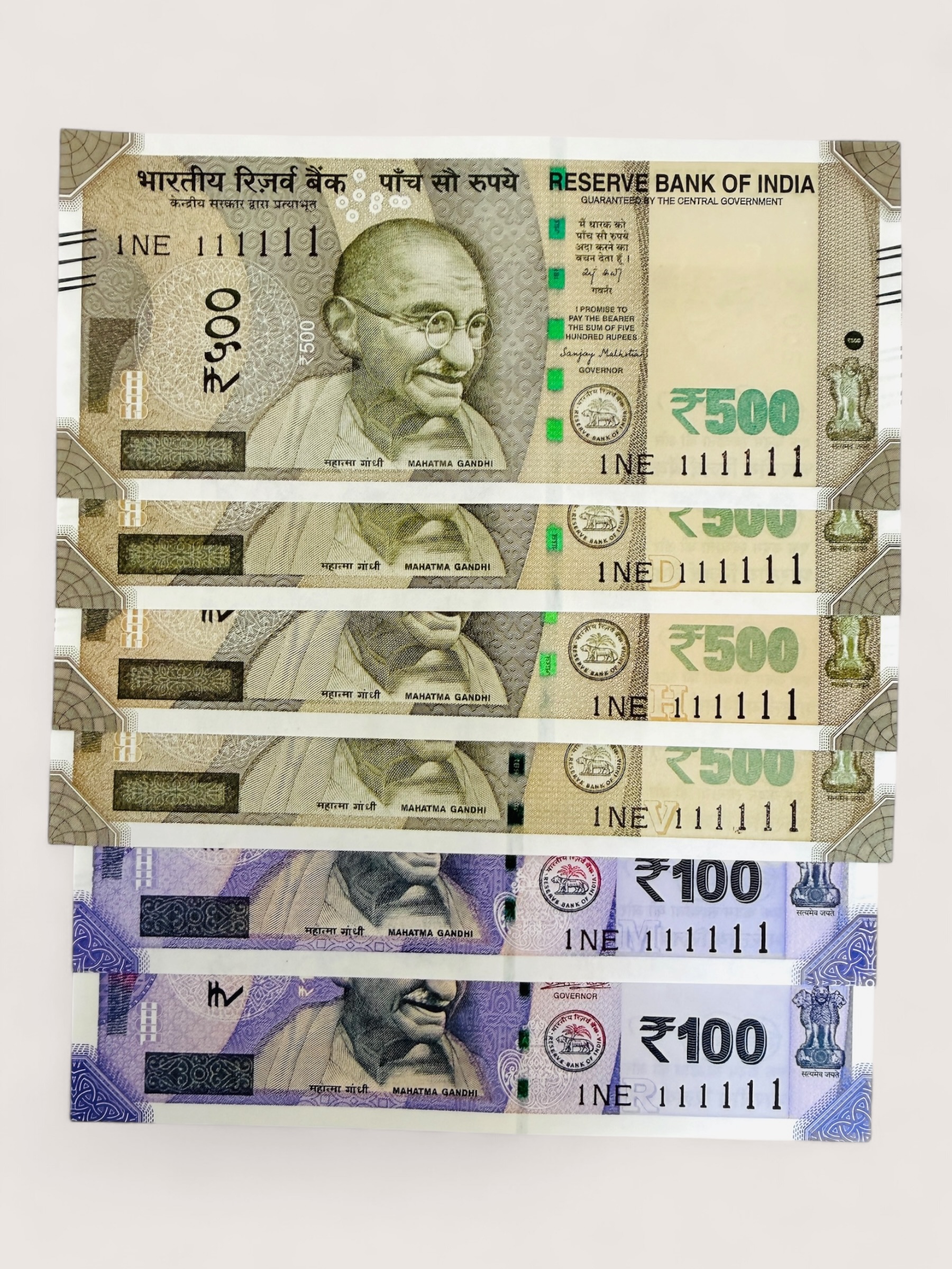 Rs 100 and 500 Ultra Unique Pair Set of Banknotes Same Number 1NE 111111 Gem UNC Unique and Rare