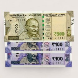 Rs 100 and 500 Ultra Unique Pair Set of Banknotes Same Number 1BC 111111 Gem UNC Unique and Rare