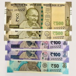 Rs 50 and 500 Ultra Unique Pair Set of Banknotes Same Number 2AS 222222 Gem UNC Unique and Rare