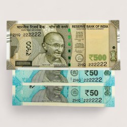 Rs 50 and 500 Ultra Unique Pair Set of Banknotes Same Number 2HQ 222222 Gem UNC Unique and Rare