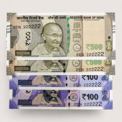 Rs 100 and 500 Ultra Unique Pair Set of Banknotes Same Number 2EN 222222 Gem UNC Unique and Rare
