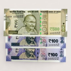 Rs 100 and 500 Ultra Unique Pair Set of Banknotes Same Number 2ER 222222 Gem UNC Unique and Rare