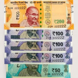 Rs 50 and 200 Ultra Unique Pair Set of Banknotes Same Number 2GM 222222 Gem UNC Unique and Rare