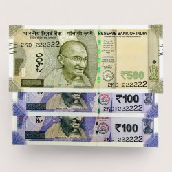 Rs 100 and 500 Ultra Unique Pair Set of Banknotes Same Number 2KD 222222 Gem UNC Unique and Rare
