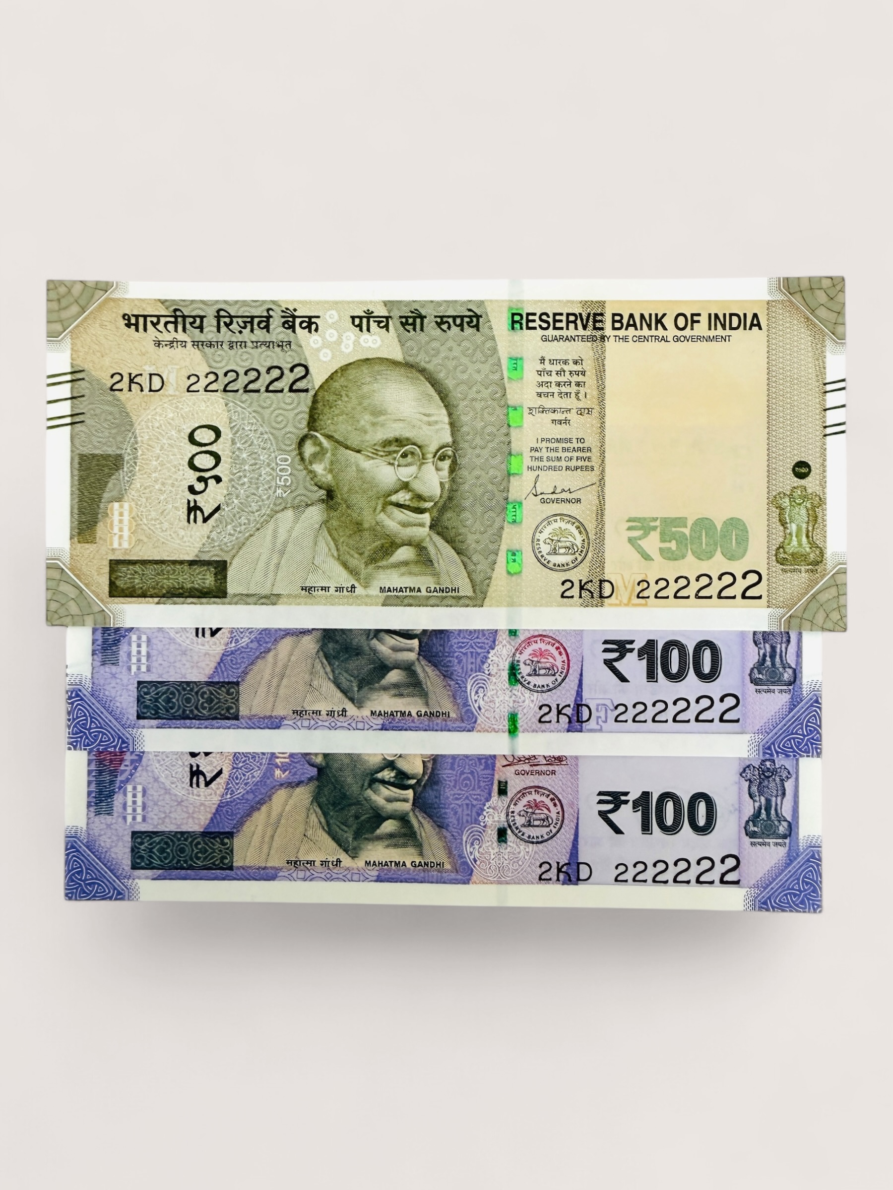 Rs 100 and 500 Ultra Unique Pair Set of Banknotes Same Number 2KD 222222 Gem UNC Unique and Rare